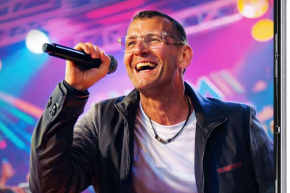 Klaus P. live auf der Buehne lachend