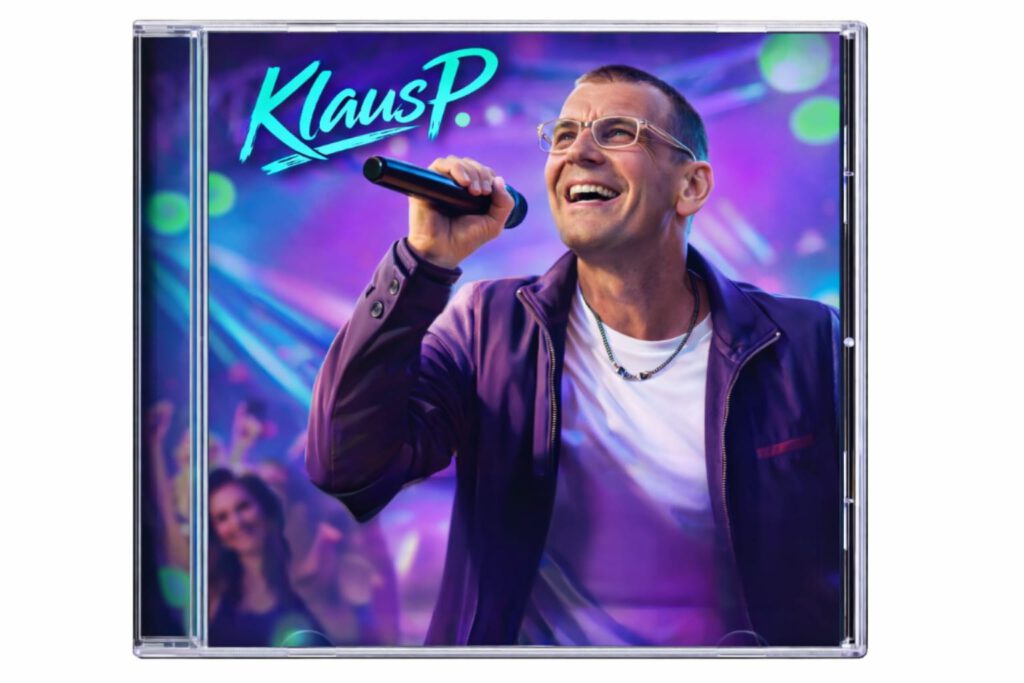 Klaus P. CD-Cover auf der Buehne mit Mikrofon